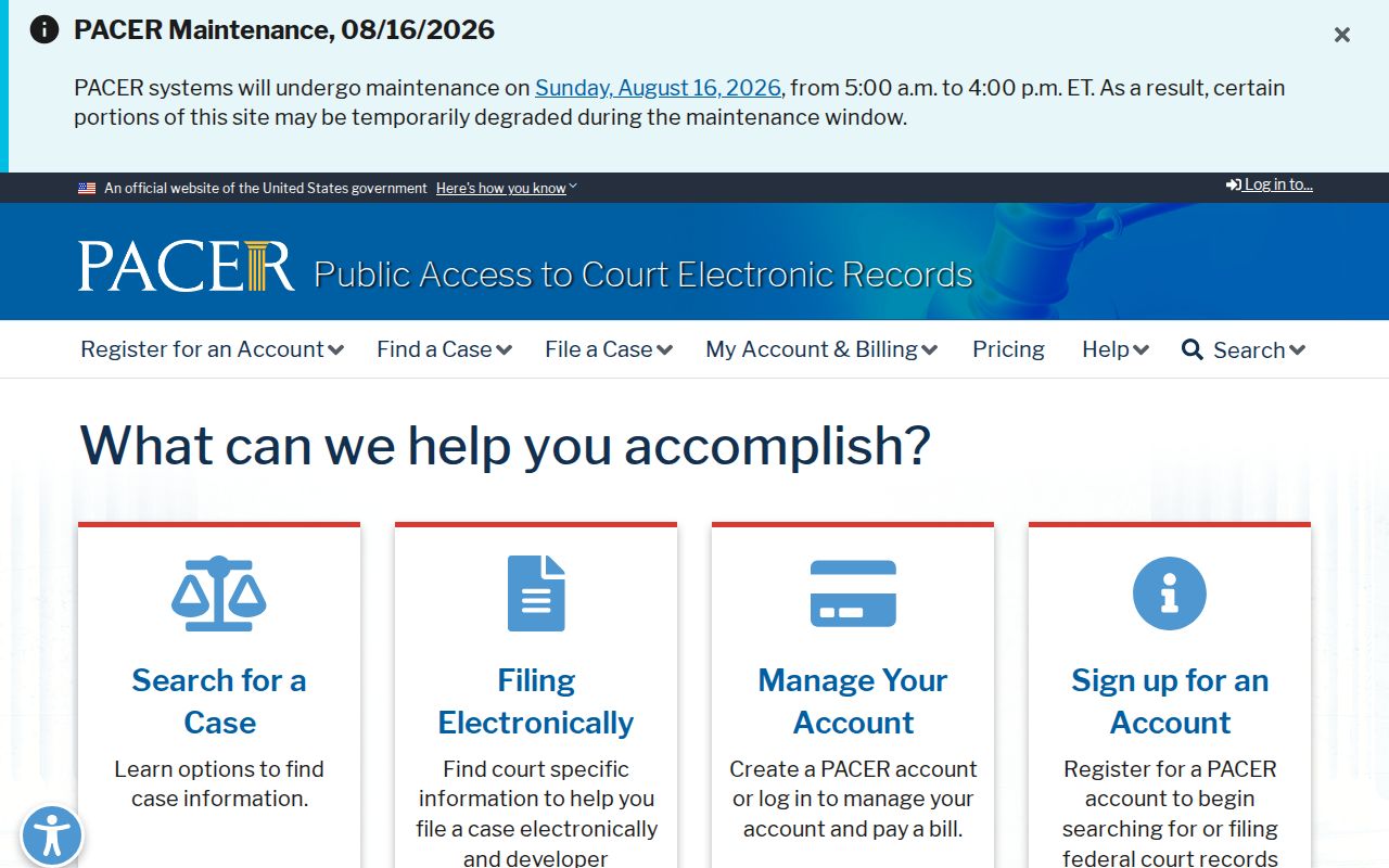 Peoria previous residents research showing the PACER federal court access page