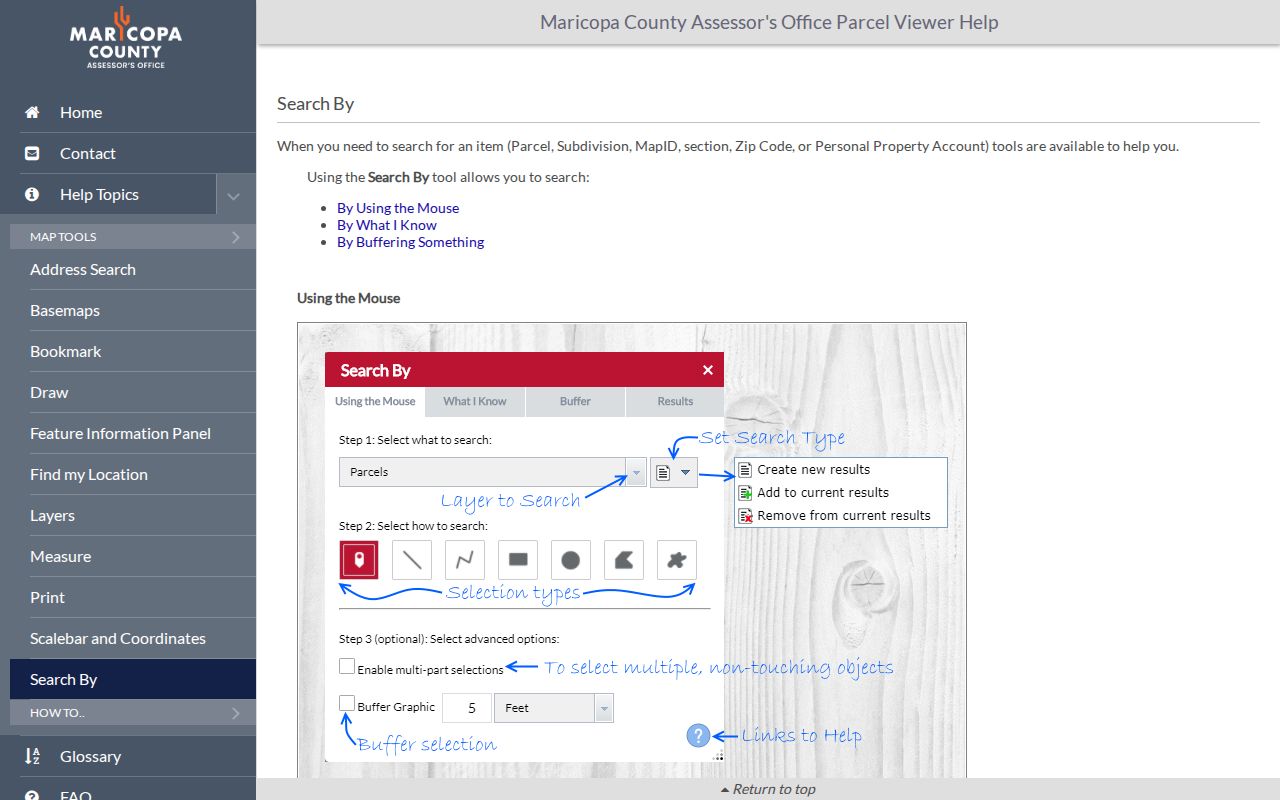 Peoria ZIP code directory Parcel Viewer search controls