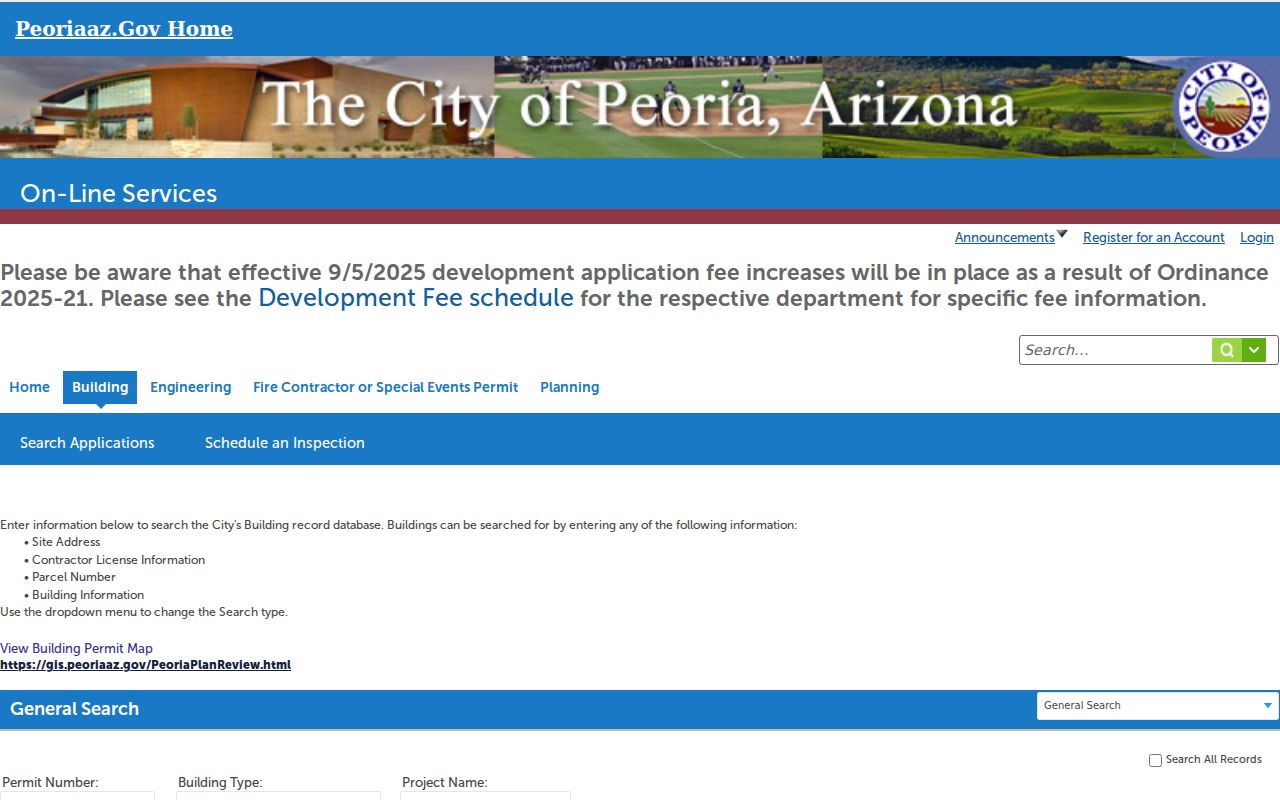 Peoria street directory address-keyed building permit search